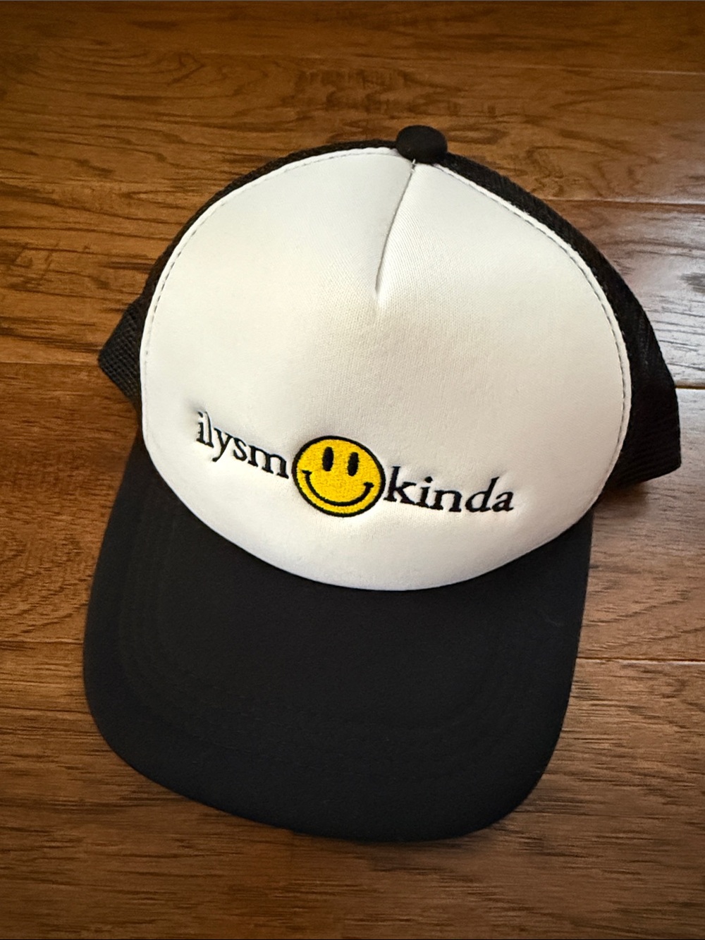 ILYSM Kinda Smiley Face Trucker Hat Black & White Adjustable